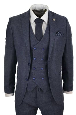 Heren blauwe wol 3-delig pak Double Breasted gilet Tweed Peaky Blinders jaren 1920