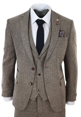 Heren Eikenbruin 3-delige Tweed Kostuum Vintage Haringbeen 1920s Retro Peaky Blinders