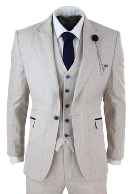 Heren 3-delig crème geruit tweed visgraat vintage klassiek pak