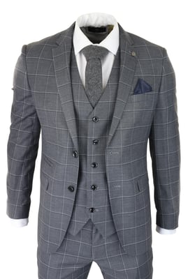 Heren Grijs Pak 3-delig Geruit Vintage Retro Slim Fit Trouwpak Klassiek
