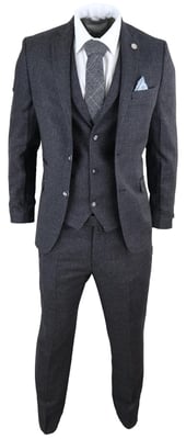 Heren 3-delige Zwarte Visgraat Tweed Kostuum