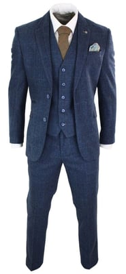 Heren 3-delig marineblauw tweed visgraat vintage klassiek pak