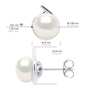 Oorbellen Omgeving Diamanten 0,03 Cts Wit Goud - Echte Cultuur Zoetwater Parelknoppen 7-8 mm