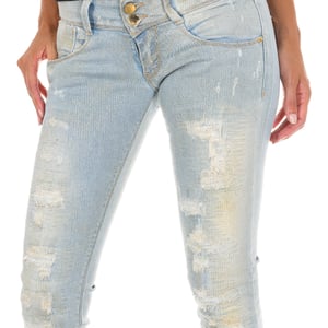 Lange denim broek versleten en gescheurd effect 10DB50130 vrouw