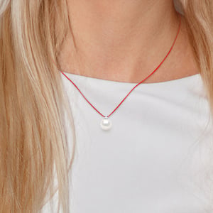 Diamond Necklace Natural 0.030 Cts en Freshwater Pearl Ronde 8-9 mm Link Nylon Red 925