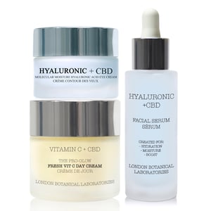 Vitamine C + CBD | Pro-Glow Frisse Vit C Dagcreme 50ml + Hyaluronzuur + CBD Moleculaire Vochtstroom Oogcreme 20ml + Hyaluronzuur + CBD Vochtstroom Serum 30ml