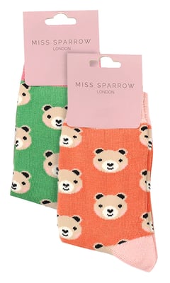 Set van 2 sokken met dierenprint voor meisjes | Miss Sparrow | Casual grappig patroon crew bamboe sokken | Grappige nieuwe sokken voor kinderen - Beren