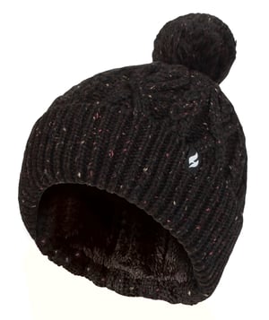 Dames Pom Pom Bobbelhoed | Heat Holders | Modieuze Chunky Warme Kabelgebreide Muts met Heatweaver Fleece Voering | Salzburg Stijl - Zwart