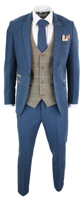 Heren 3-delig blauw Tweed Vintage pak