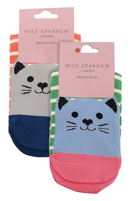 Set van 2 sokken met dierenprint voor meisjes | Miss Sparrow | Casual grappig patroon crew bamboe sokken | Grappige nieuwe sokken voor kinderen - Kitty Cats