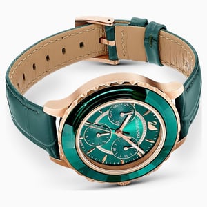 Swarovski Octea Lux Chrono Horloge, Leren Band, Groen, Rose-Goudkleurig PVD