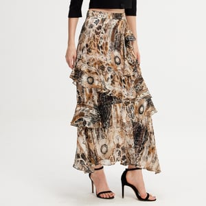 Lange chiffon rok met ruches bloemenprint