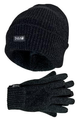 THMO - Dunsulate Chenille Muts & Handschoenen Set voor dames - Zwart