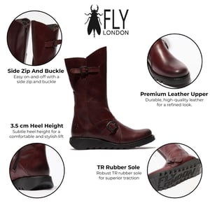 Fly London Dames Wijn MES 2 Wedge Heel Buckle Mid-Calf Leren Zip Platform Laarzen