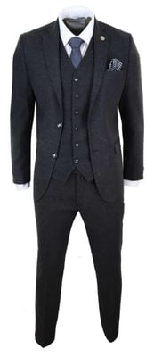 Heren 3-delige Zwarte Wol Tweed Vintage Retro Kostuum