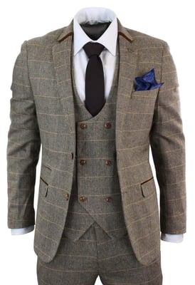 Heren 3-delig bruin visgraat tweed geruit pak