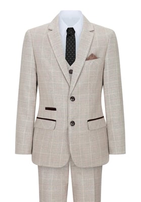 3-delig beige tweed geruit vintage retro pak voor jongens