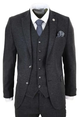 Heren 3-delige Zwarte Wol Tweed Vintage Retro Kostuum