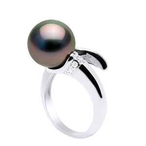 Ring Sieraden Prestige Spiraal - Diamanten 0,10 Cts - Echte Gecultiveerde Tahiti Parel Rond 10-11 mm