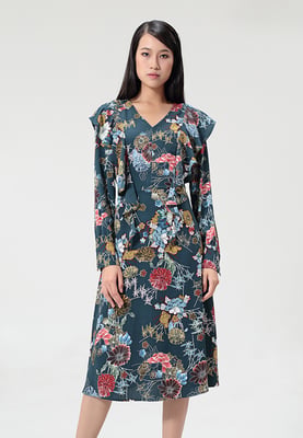 Fit-and-flare bloem-print midi-jurk