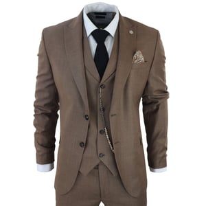 Heren Classic 3-delige Effen Bruine Pak