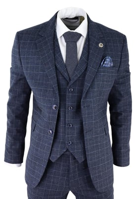 Heren Blauwe Ruit 3-delige Tweed Pak Peaky Blinders 1920s Gatsby Tailored Fit