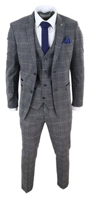 Heren 3-delig grijs met blauw geruit vintage klassiek pak
