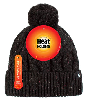 Dames Pom Pom Bobbelhoed | Heat Holders | Modieuze Chunky Warme Kabelgebreide Muts met Heatweaver Fleece Voering | Salzburg Stijl - Zwart