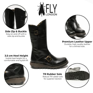 Fly London Dames Zwarte MES 2 Wedge Heel Buckle Mid-Calf Leren Zip Platform Laarzen