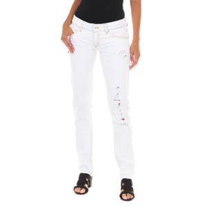 Lange denim broek met gescheurd effect en smalle zomen E014152 vrouw