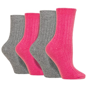Wildfeet - 4 Paar Dames Cashmere Boot Sokken | Ribgebreide Wollen Bed Sokken - Roze / grijs