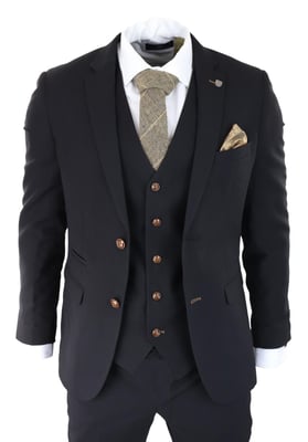 Heren zwart 3-delig pak bruin trim klassieke Birdseye vintage bruiloft bruidegoms