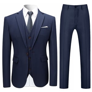 3-delig slim-fit effen donkerblauw chic formeel bruiloftspak