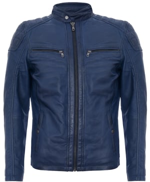 Marineblauw leren vintage gewatteerd racefietsjack met rits