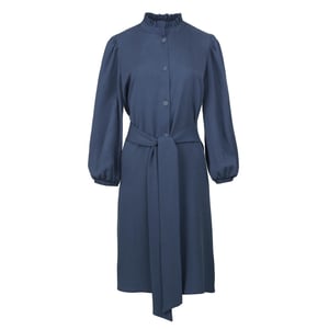 Indigo jurk met lange mouwen en riem in Tencel
