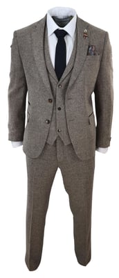 Heren Eikenbruin 3-delige Tweed Kostuum Vintage Haringbeen 1920s Retro Peaky Blinders