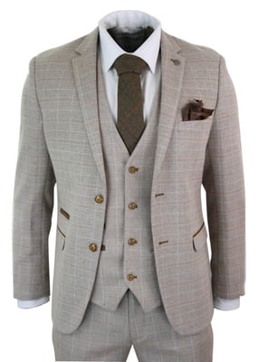 Heren 3-delige Beige Tweed Ruit Vintage Retro Kostuum