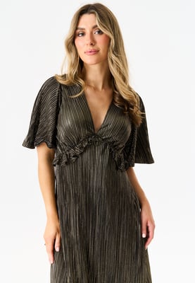 Zwarte metallic plisse maxi jurk