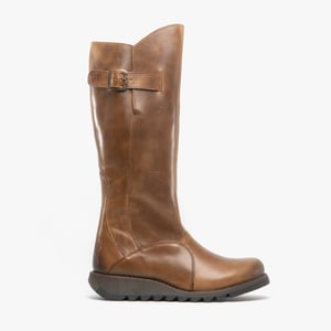 Fly London Dames Camel Brown MOL 2 Leren Wedgesleekte Kniehoge Laarzen met Ritssluiting