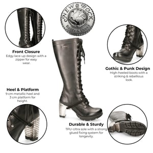New Rock M-TR005-S1 Dames Kniehoge Zwarte Gothic Hoge Hakken Laarzen