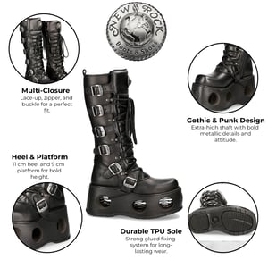 New Rock M-272-S2 Neptuno Metallic Kniehoge Zwarte Leren Gothic Laarzen