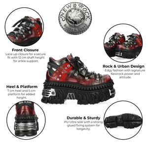 New Rock M-WALL106N-C17 Rood Zilver Leren Gothic Urban Rock Enkellaarsjes