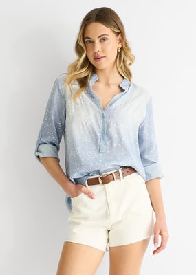 Blauwe denim look oversized top met opgerolde mouwen