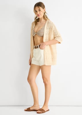 Beige gehaakt gebreid vest met rand tot rand