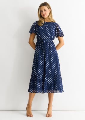 Navy vlek chiffon engel mouwen midi jurk