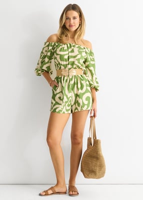 Groen Abstract Bardot Viscose Playsuit met ceintuur