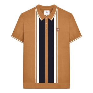 Lambretta Heren Greco Gestreept Gebreid Poloshirt met Korte Mouwen (Tabak)