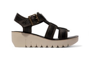 Fly London Dames YUDD236FLY Zwarte Mousse Leren Sandalen Espadrille Platform Wedges