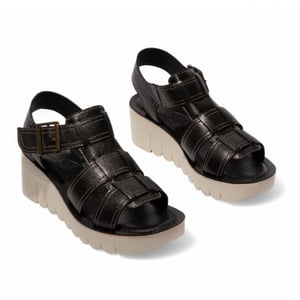 Fly London Dames YUDD236FLY Zwarte Mousse Leren Sandalen Espadrille Platform Wedges