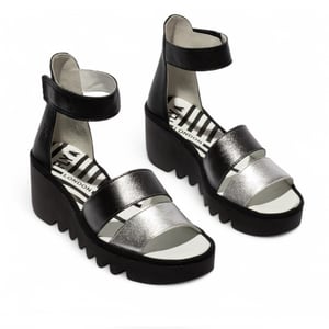 Fly London Dames BONO290FLY Zilver Zwart Idra Leren Sandalen Espadrille Wedges